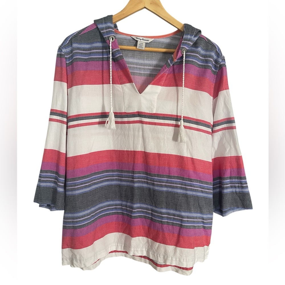 Tommy Bahama Women’s Size Large Multicolor Striped Tunic/hoodie 3/4 sleeve